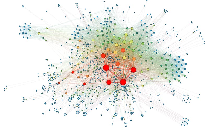 A dense social-network graph visualisation of coloured nodes and edges